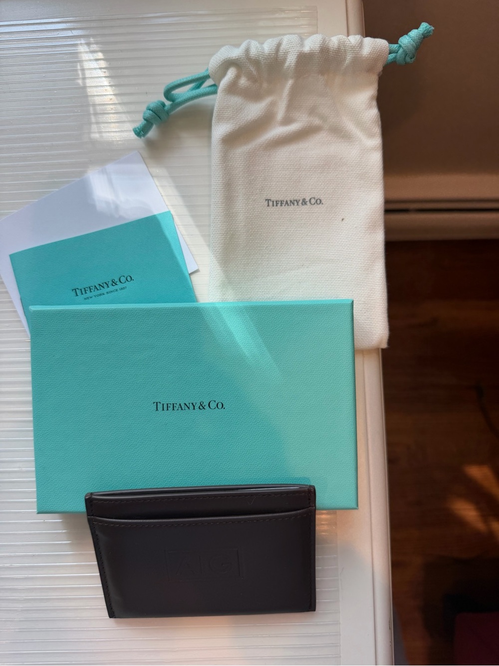 Tiffany & Co. Chocolate Brown Leather Card Case with Signature Tiffany Blue Box